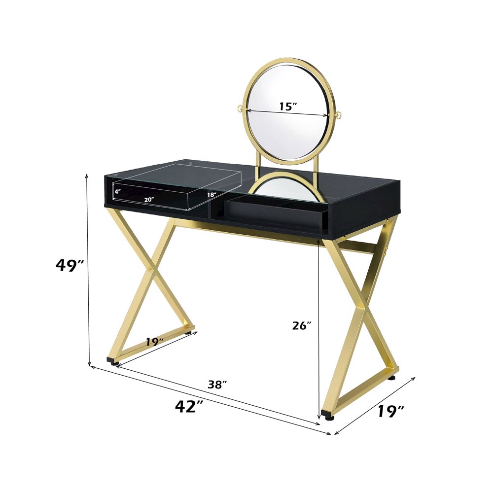 Coleen Vanity Desk w/Mirror & Jewelry Tray Black & Gold. Picture 6
