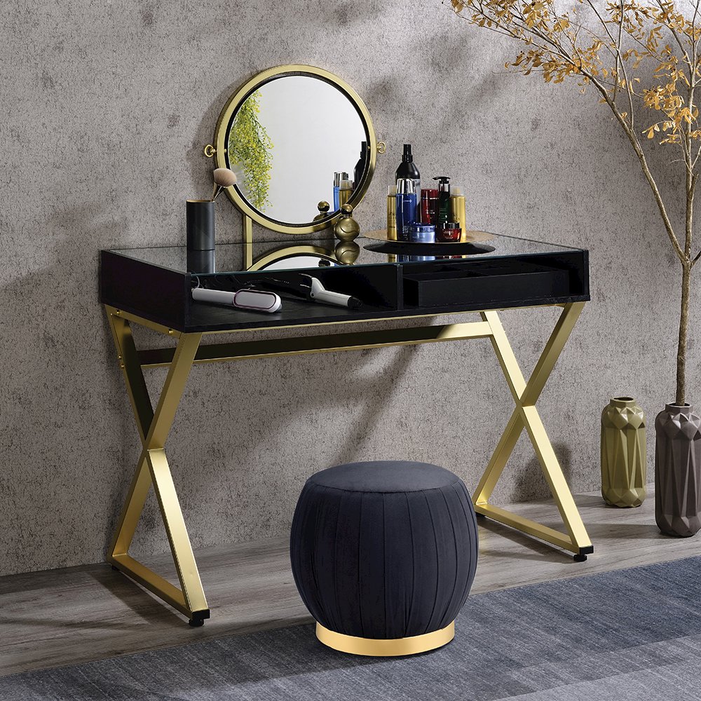 Coleen Vanity Desk w/Mirror & Jewelry Tray Black & Gold. Picture 5