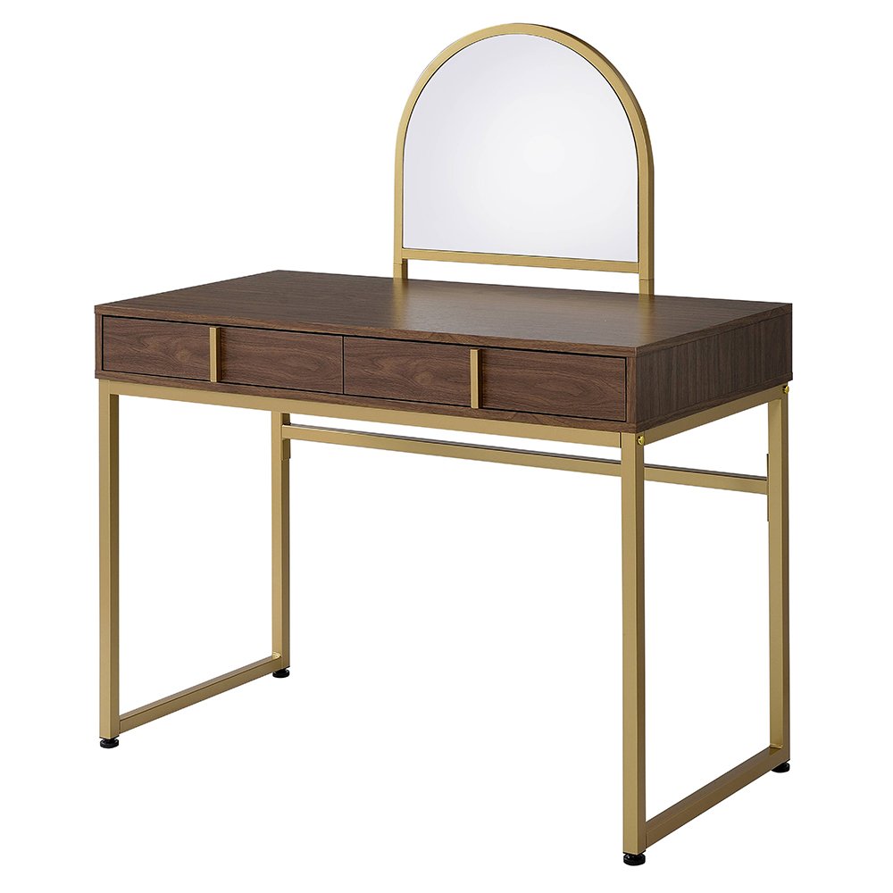 Coleen Vanity Desk w/Mirror & Jewelry Tray Walnut & Gold. Picture 2