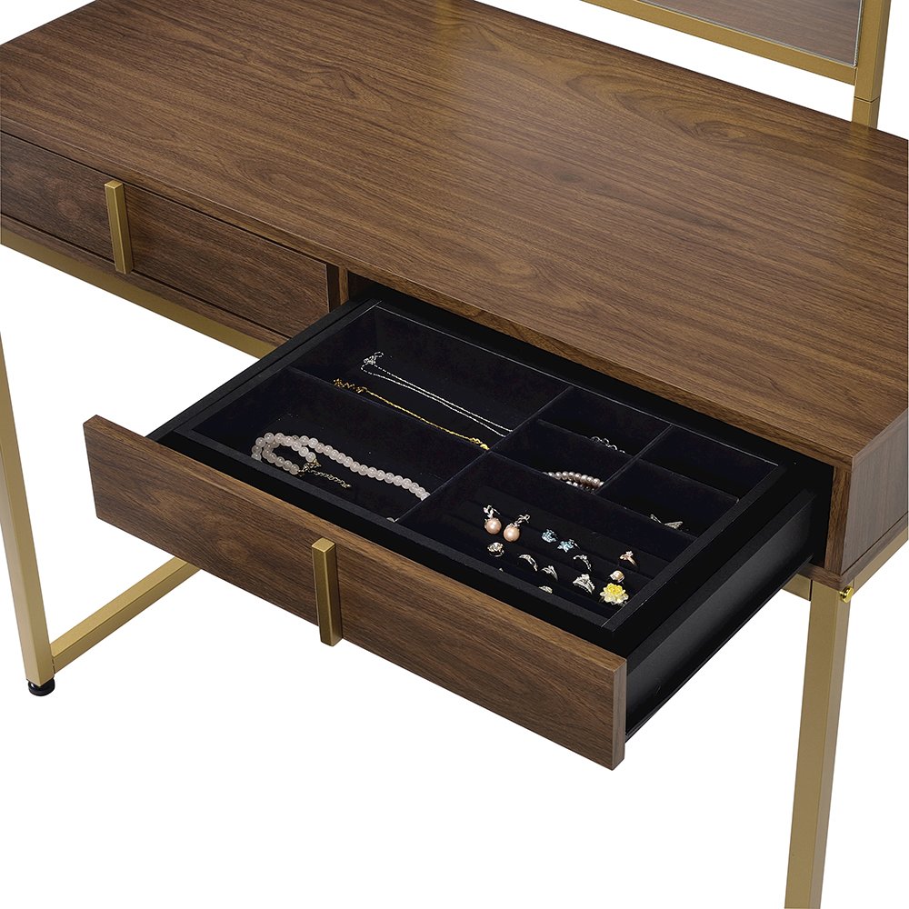 Coleen Vanity Desk w/Mirror & Jewelry Tray Walnut & Gold. Picture 4