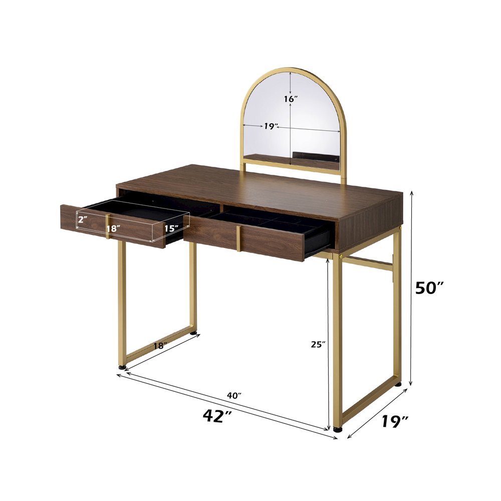 Coleen Vanity Desk w/Mirror & Jewelry Tray Walnut & Gold. Picture 6