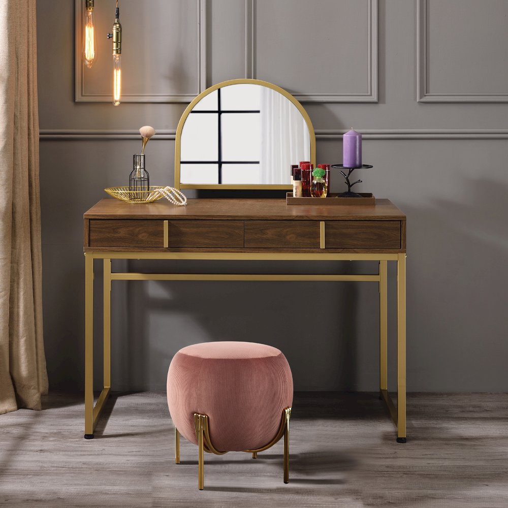 Coleen Vanity Desk w/Mirror & Jewelry Tray Walnut & Gold. Picture 5