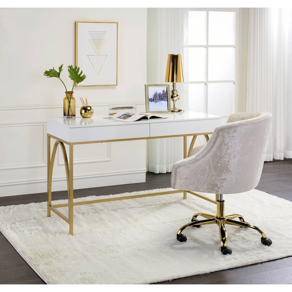 Lightmane Vanity Desk(Same 92660) White High Gloss & Gold. Picture 6