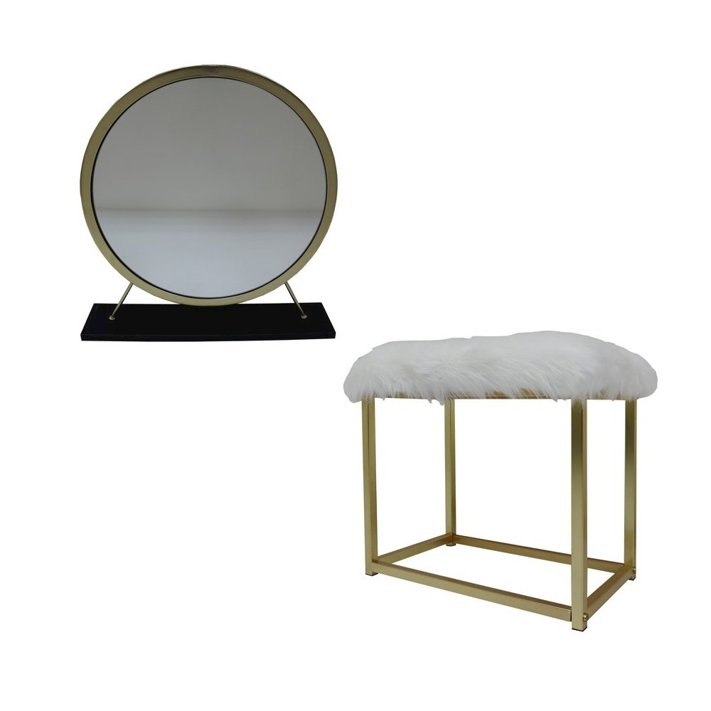 Adao Vanity Mirror & Stool Faux Fur, Mirror, Black & Brass. Picture 2