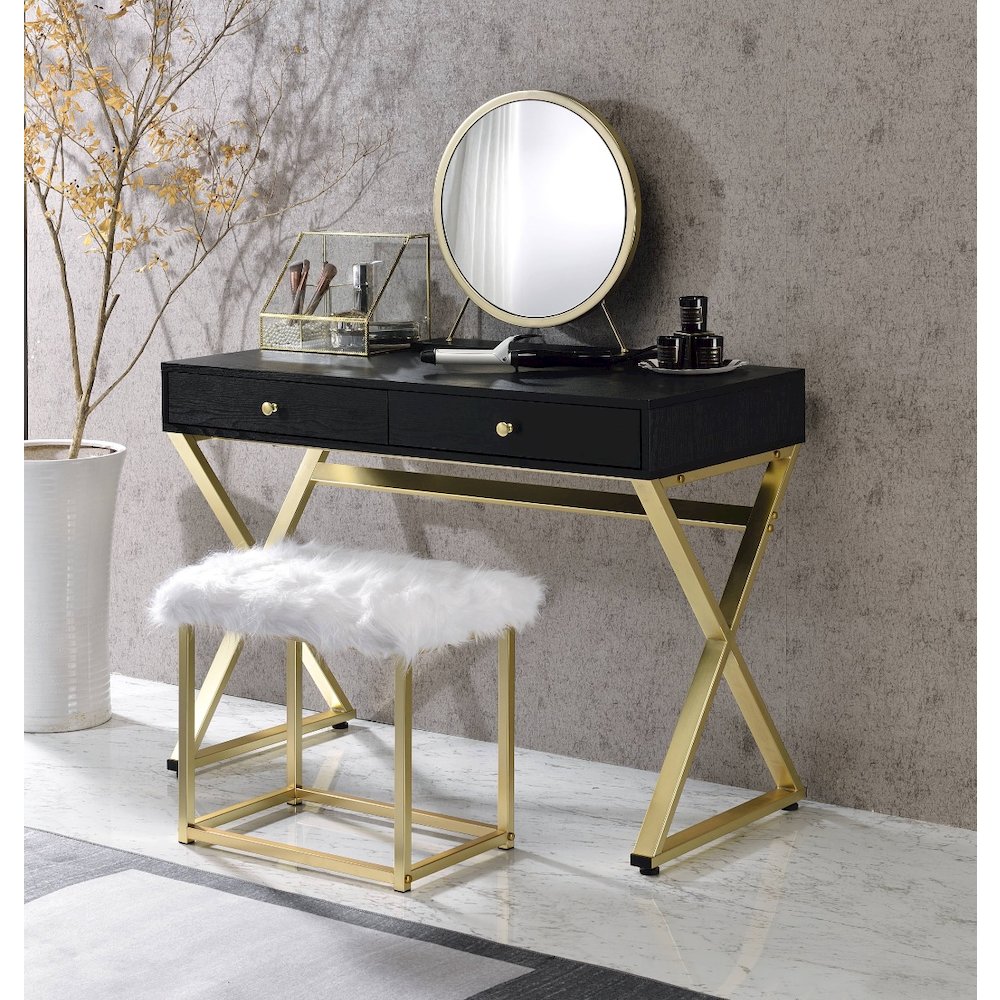 Adao Vanity Mirror & Stool Faux Fur, Mirror, Black & Brass. Picture 8