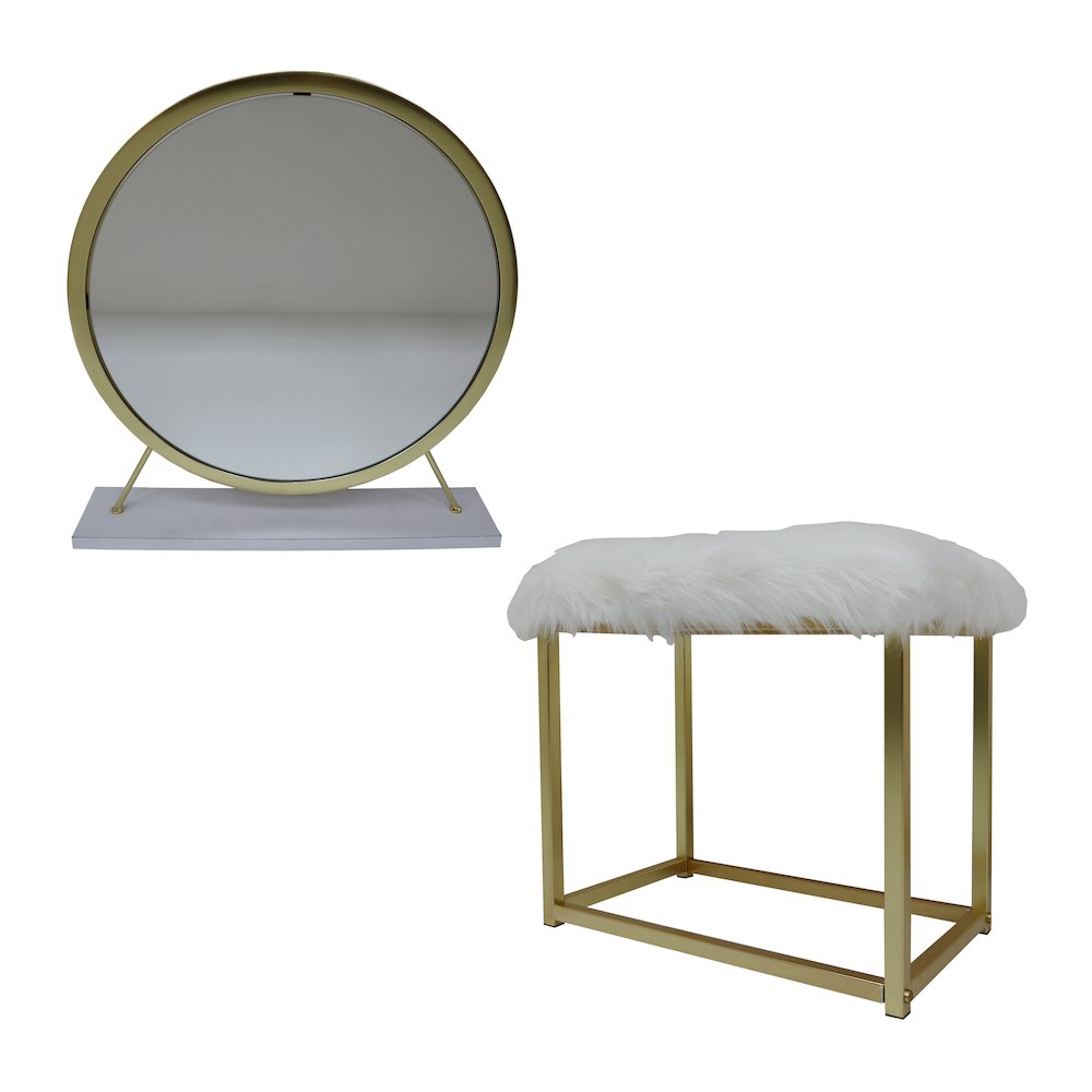 Adao Vanity Mirror & Stool Faux Fur, Mirror, White & Brass. Picture 3