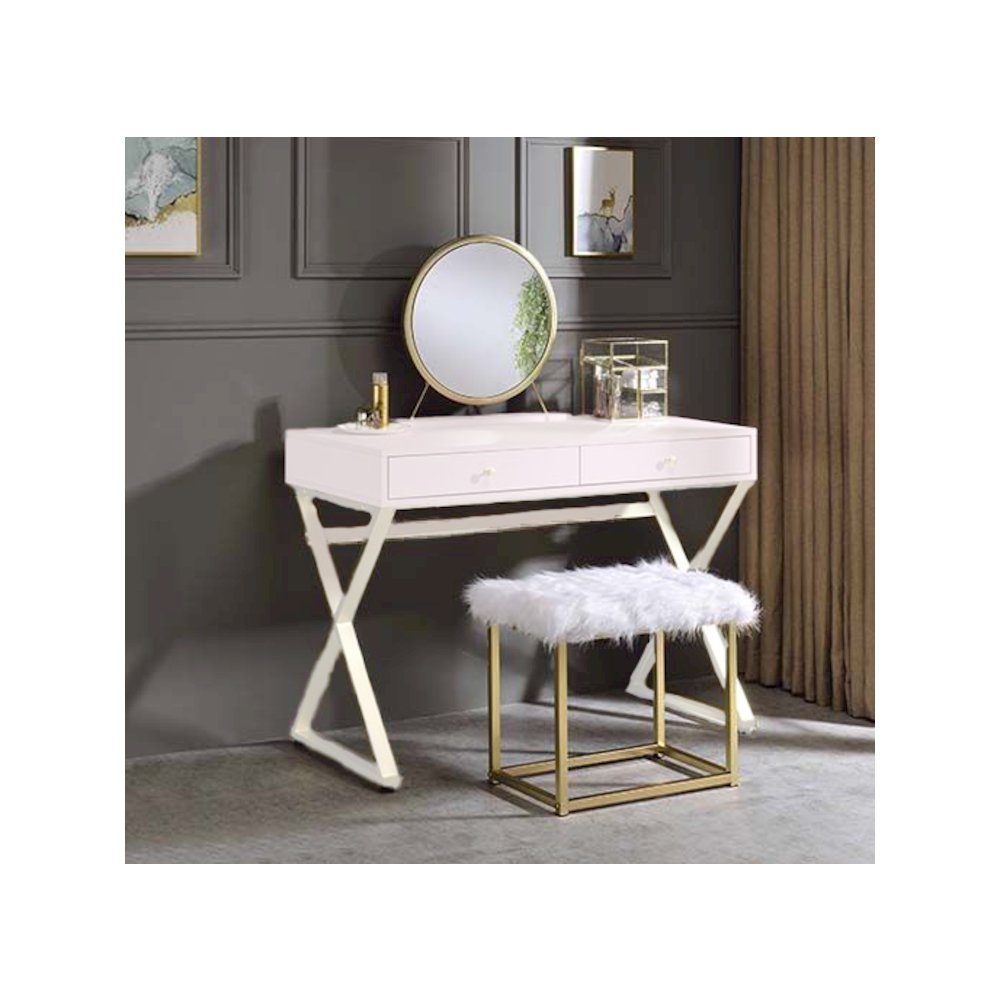Adao Vanity Mirror & Stool Faux Fur, Mirror, Pink & Gold. Picture 1