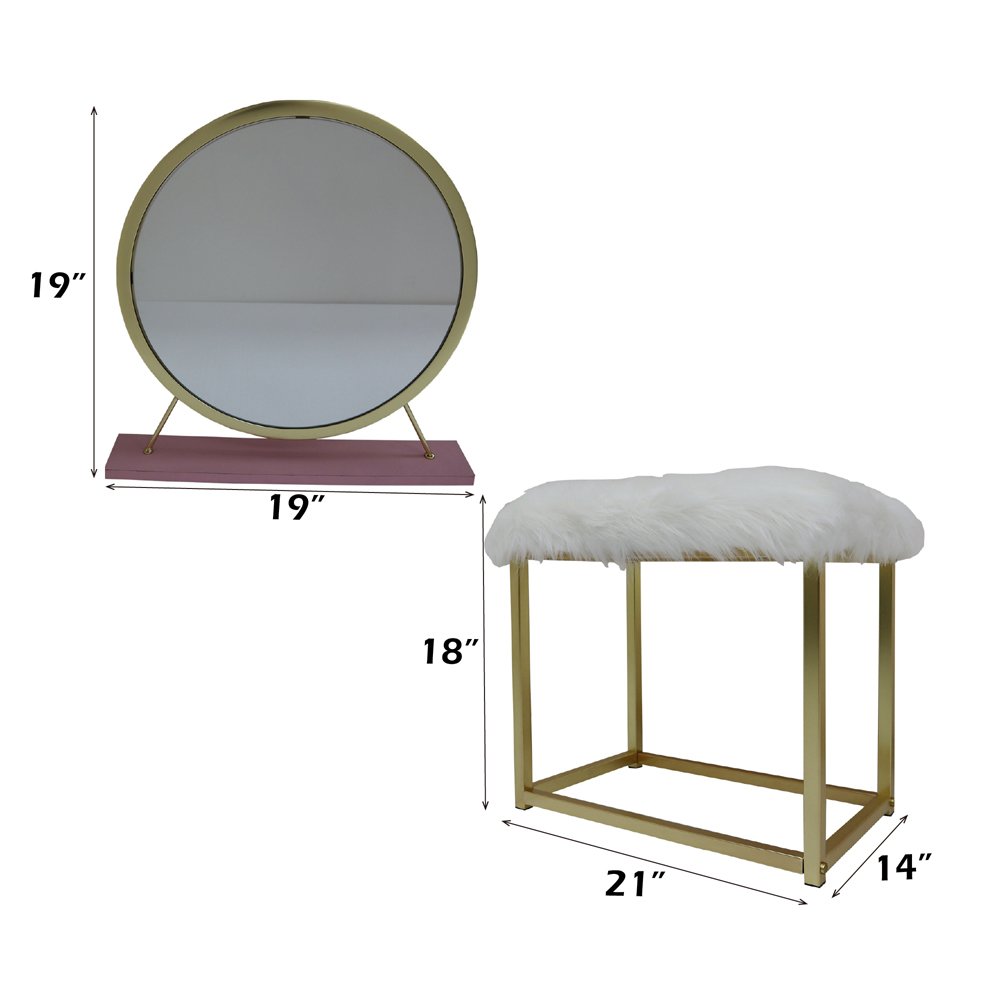 Adao Vanity Mirror & Stool Faux Fur, Mirror, Pink & Gold. Picture 6