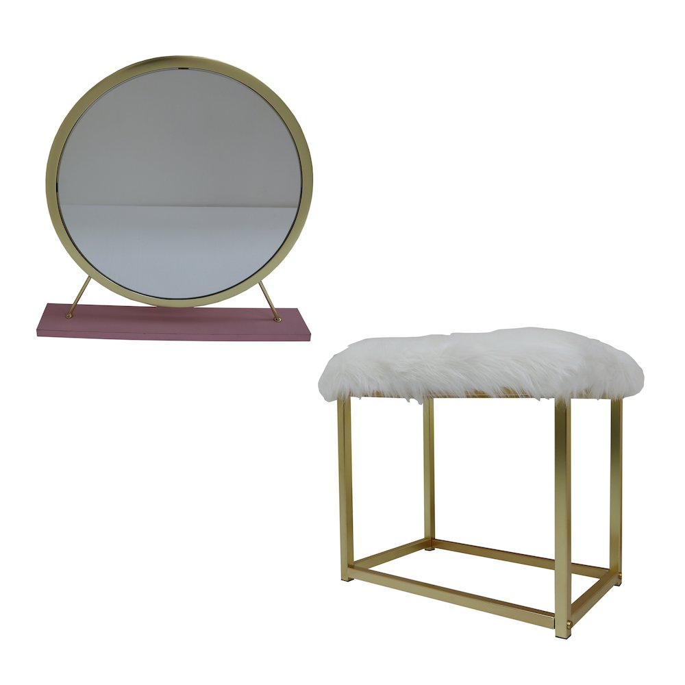 Adao Vanity Mirror & Stool Faux Fur, Mirror, Pink & Gold. Picture 2