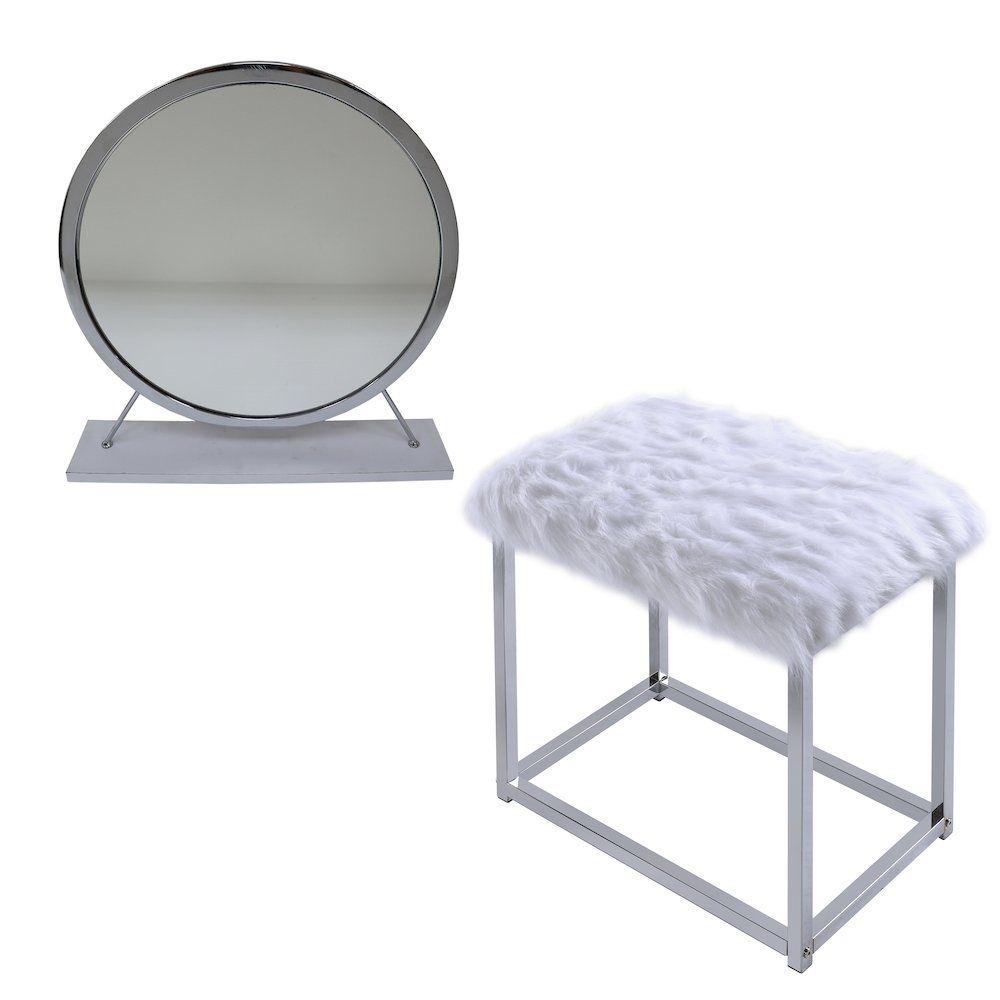 Adao Vanity Mirror & Stool Faux Fur, Mirror, White & Chrome. Picture 2