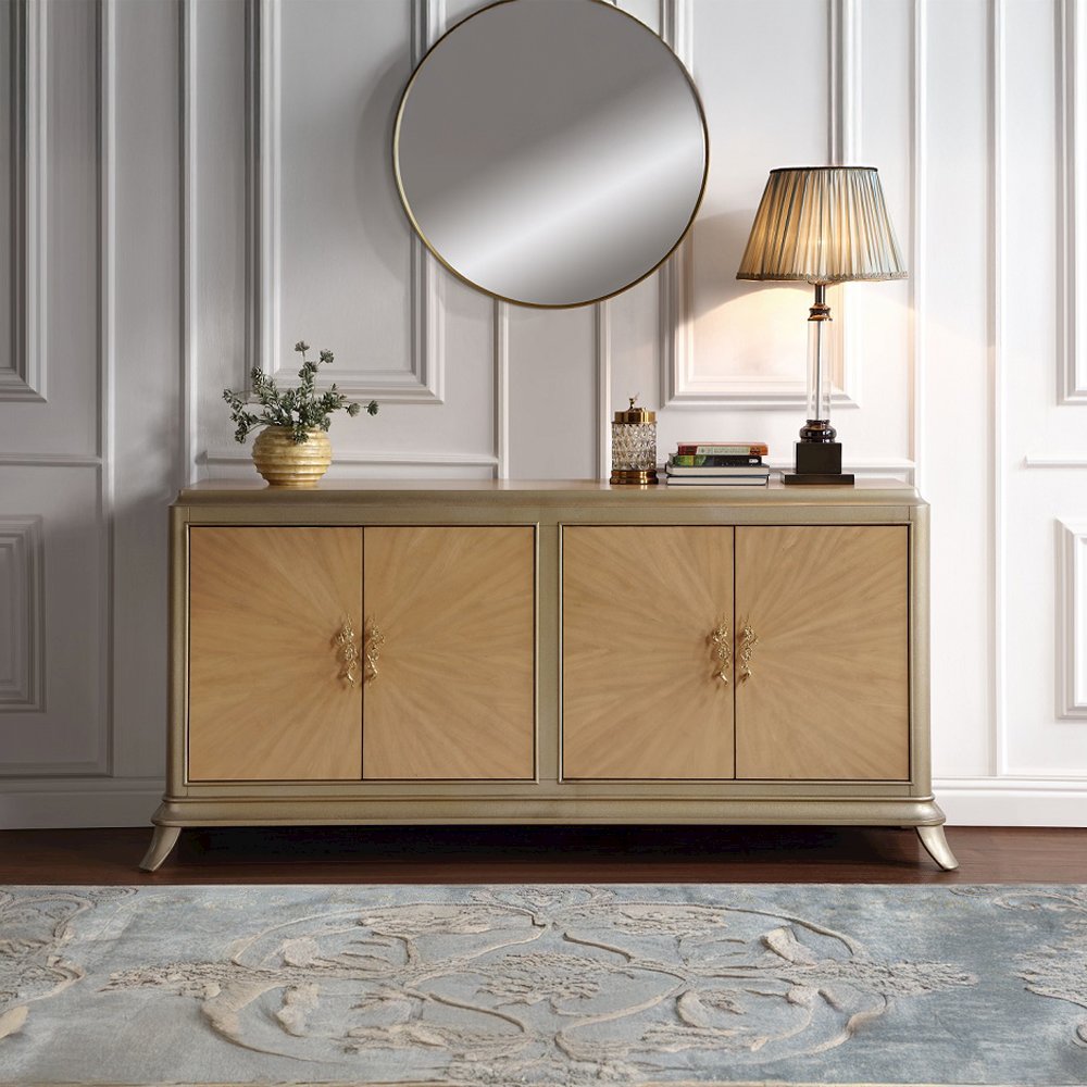 Dodie Console Cabinet Oak Sunburst Pattern & Taupe Champagne. Picture 1