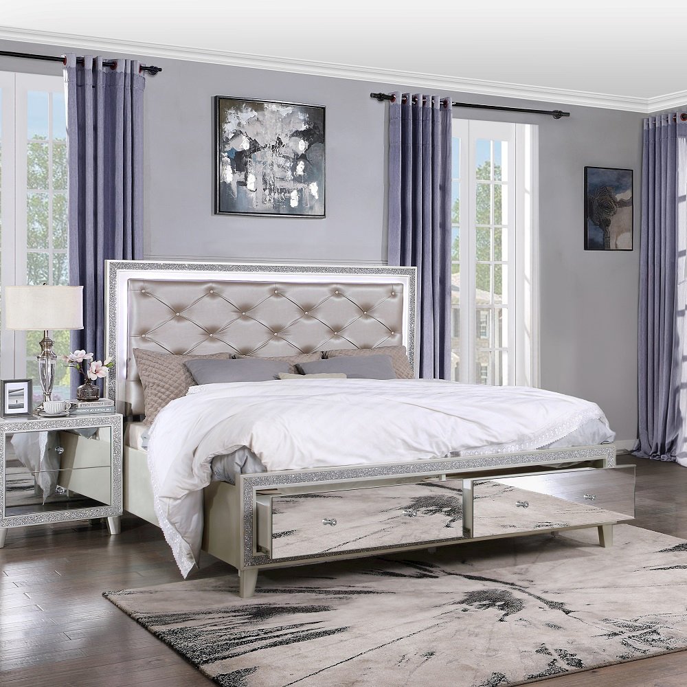 Sliverfluff CK Bed w/Storage & LED Synthetic Leather & Champagne. Picture 1