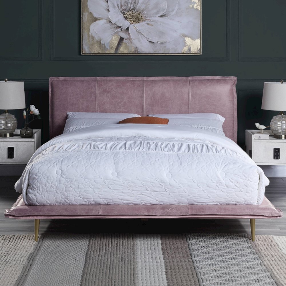 Metis Queen Bed Pink Top Grain Leather. Picture 1