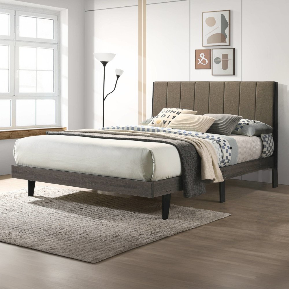 Valdemar Queen Bed Brown Fabric & Weathered Gray. Picture 1