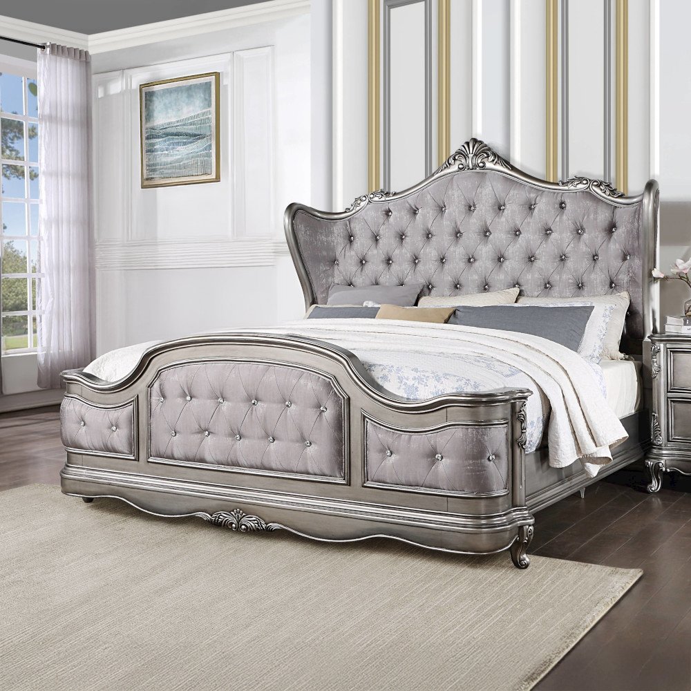 Ariadne Eastern King Bed Velvet & Antique Platinum. Picture 1
