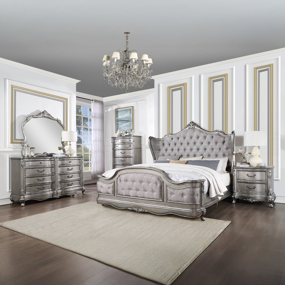 Ariadne Eastern King Bed Velvet & Antique Platinum. Picture 7