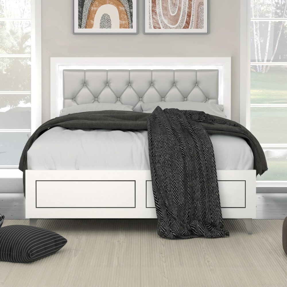 Casilda Queen Bed w/LED Gray Synthetic Leather & White. Picture 1