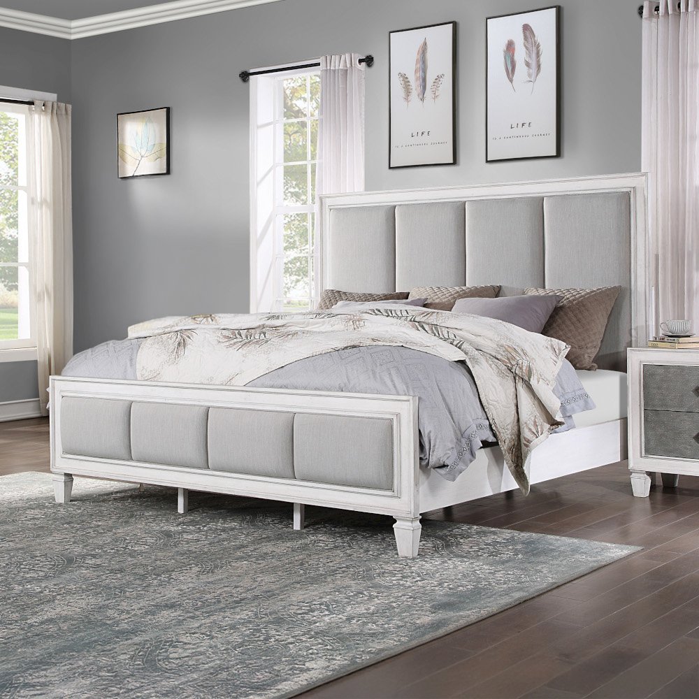 Katia Queen Bed Light Gray Linen, Rustic Gray & Weathered White. Picture 1