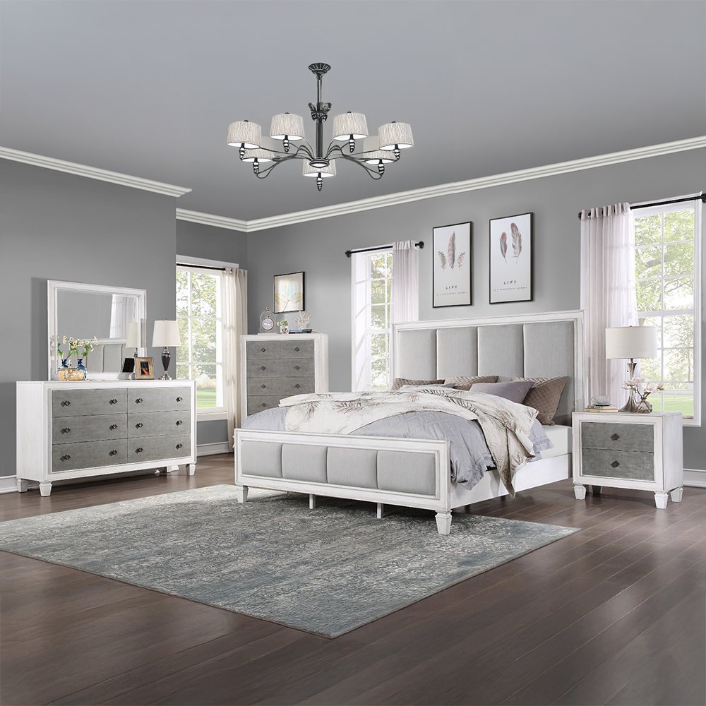 Katia Queen Bed Light Gray Linen, Rustic Gray & Weathered White. Picture 7