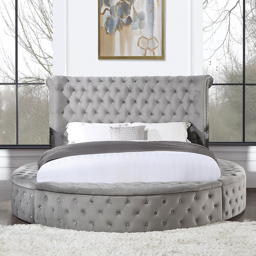 Gaiva Queen Bed w/Storage Gray Velvet. Picture 1