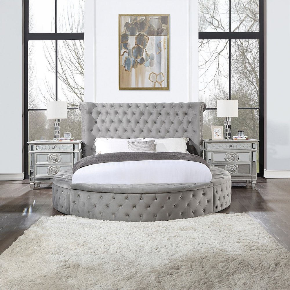 Gaiva Queen Bed w/Storage Gray Velvet. Picture 8