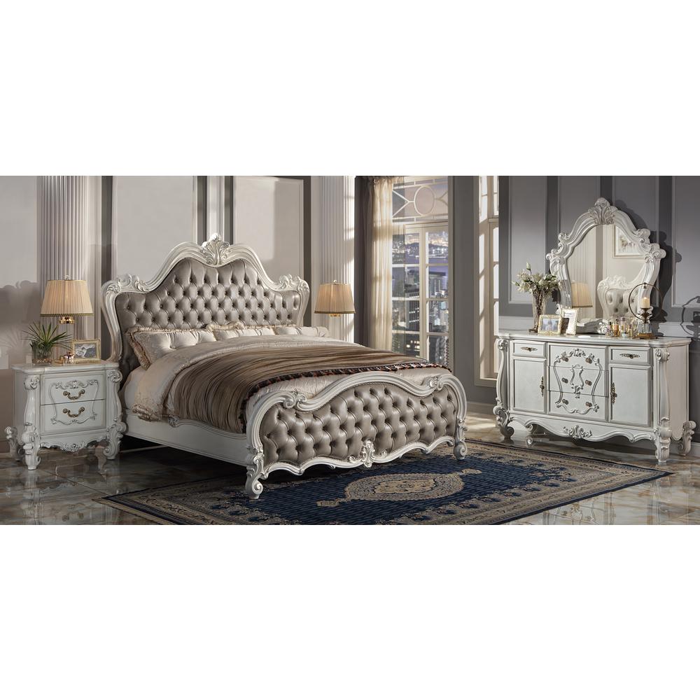ACME Versailles II Queen Bed, Vintage Gray PU & Bone White Finsih. Picture 1