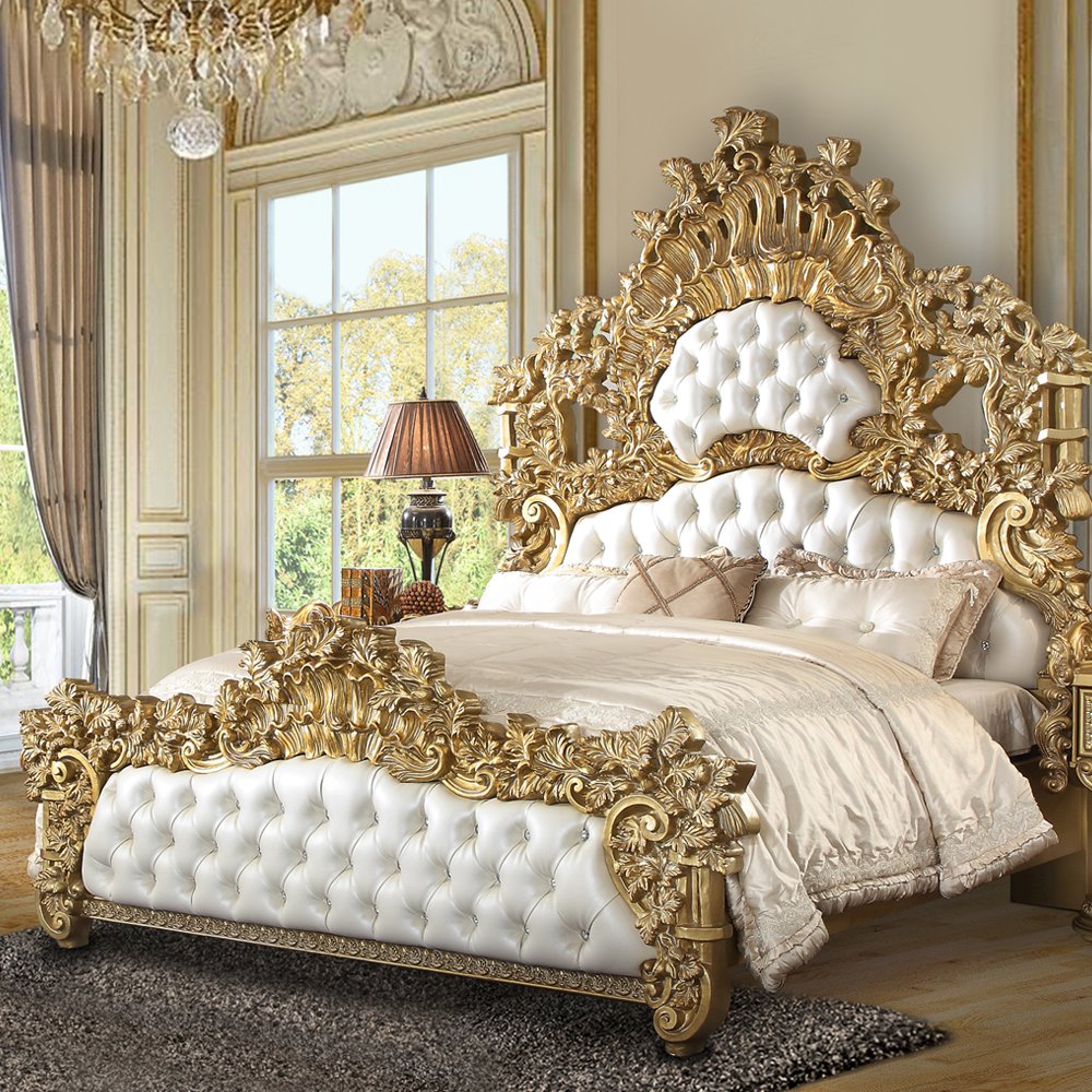 Bernadette Eastern King Bed White Synthetic Leather & Gold. Picture 1