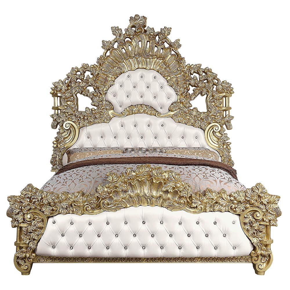 Bernadette Eastern King Bed White Synthetic Leather & Gold. Picture 4