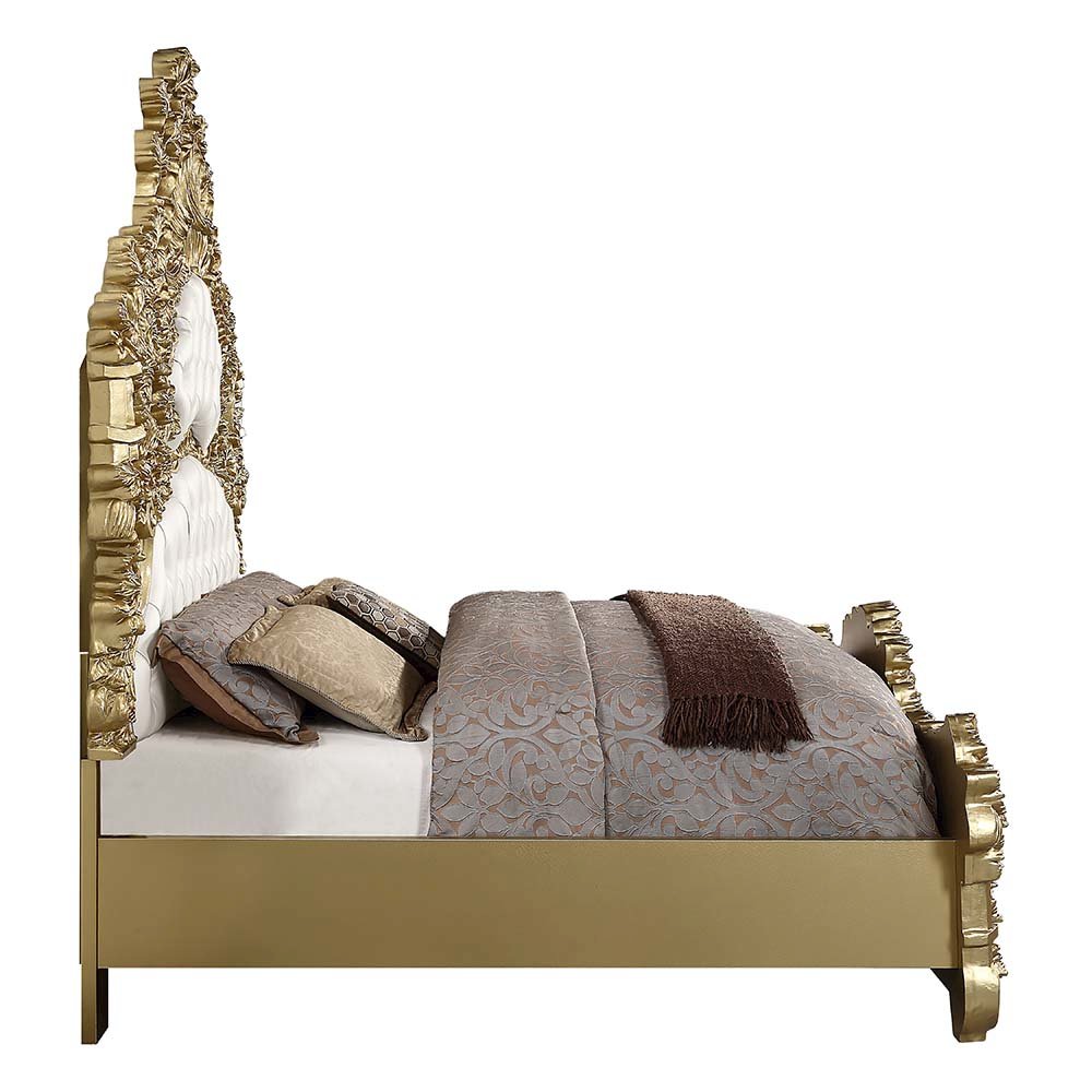 Bernadette Eastern King Bed White Synthetic Leather & Gold. Picture 2