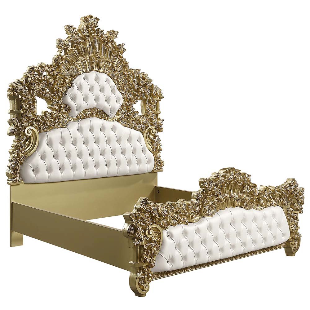 Bernadette Eastern King Bed White Synthetic Leather & Gold. Picture 3