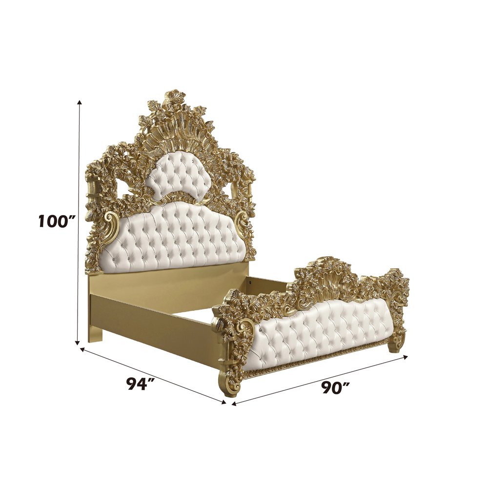 Bernadette Eastern King Bed White Synthetic Leather & Gold. Picture 7
