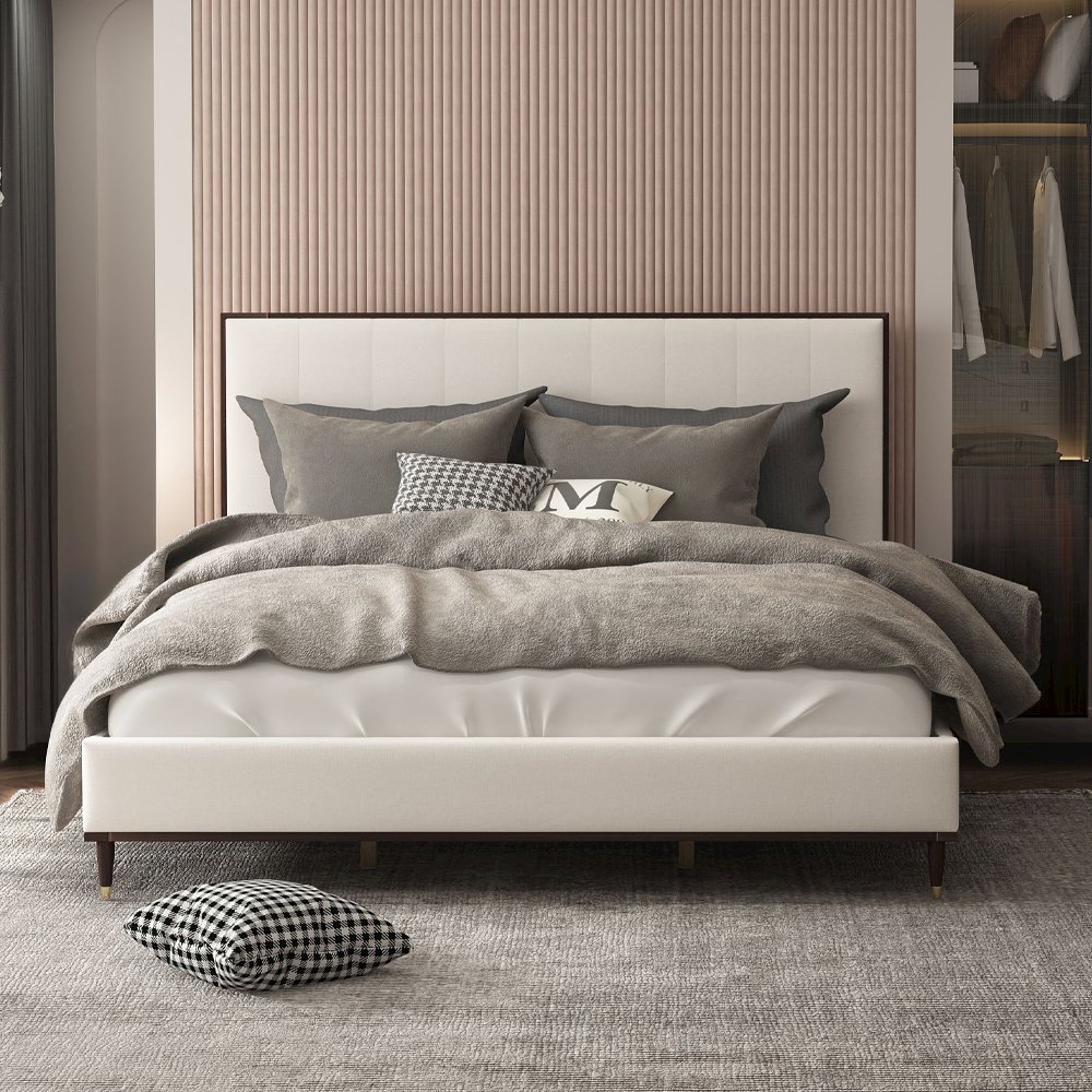 Carena Eastern King Bed Light Gray Fabric, White & Walnut. Picture 1