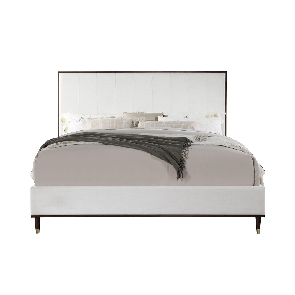 Carena Queen Bed Light Gray Fabric, White & Walnut. Picture 3