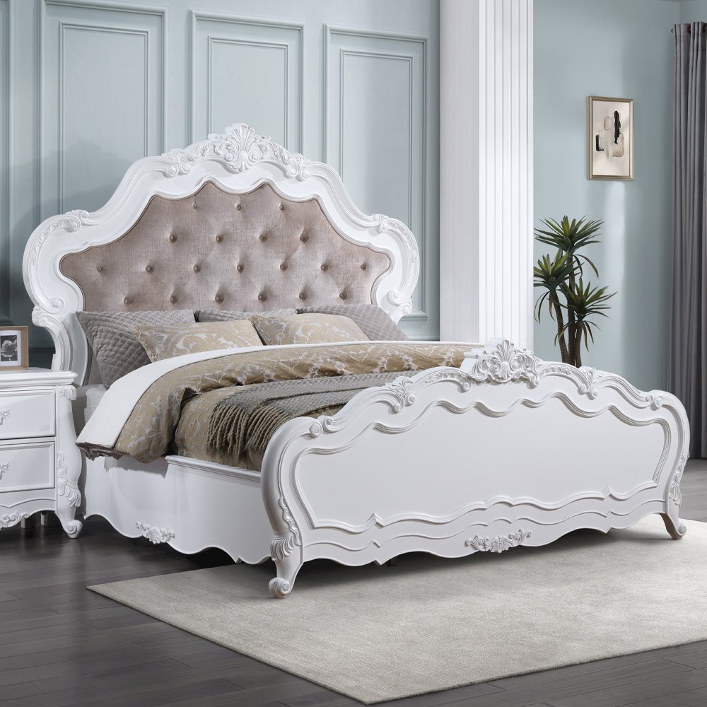 Latisha Eastern King Bed Dark Beige Chenille & White. Picture 5