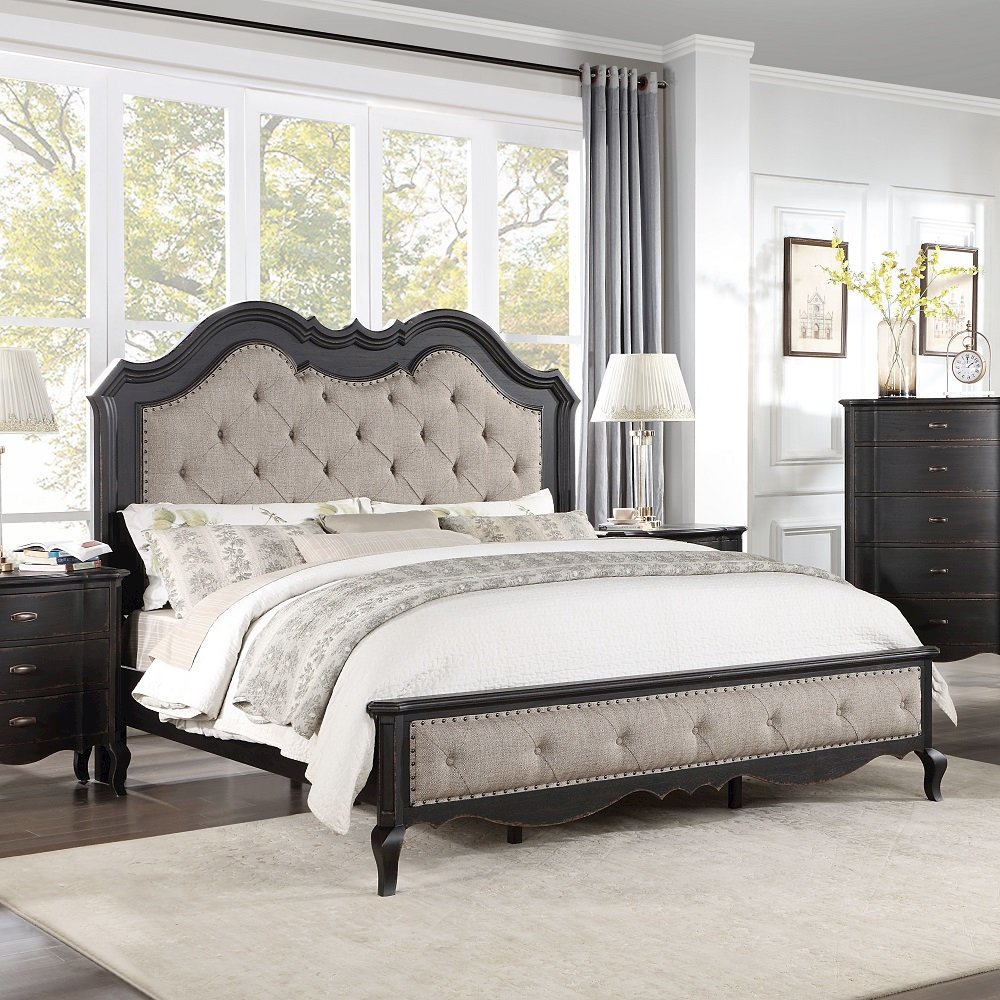 Chelmsford Eastern King Bed Beige Fabric & Antique Black. Picture 1