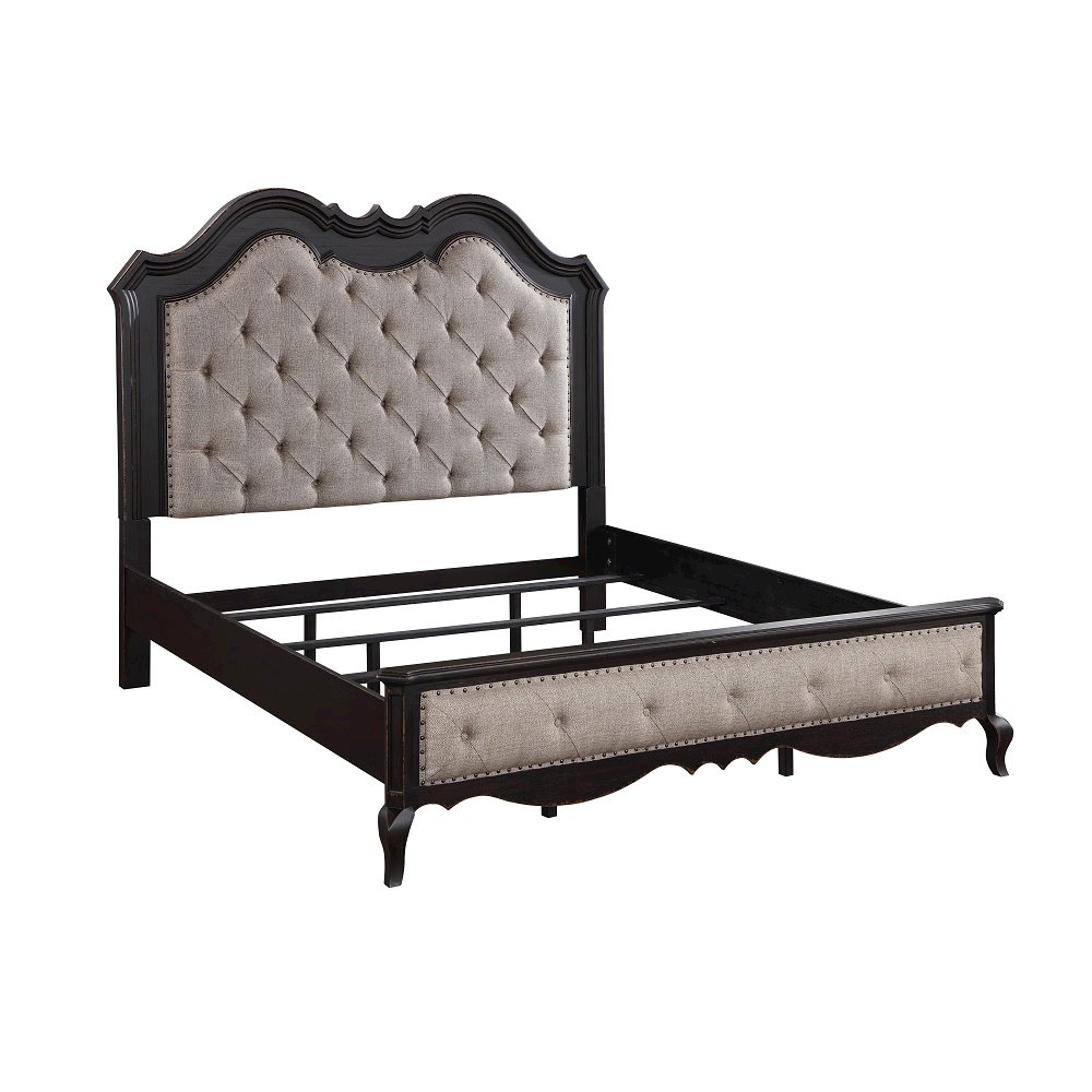 Chelmsford Queen Bed Beige Fabric & Antique Black. Picture 1