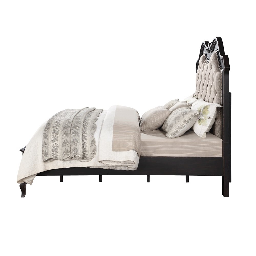 Chelmsford Queen Bed Beige Fabric & Antique Black. Picture 3