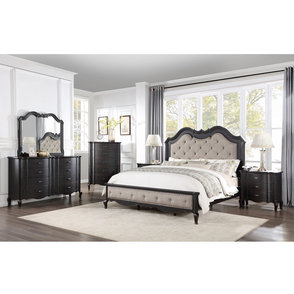 Chelmsford Queen Bed Beige Fabric & Antique Black. Picture 8