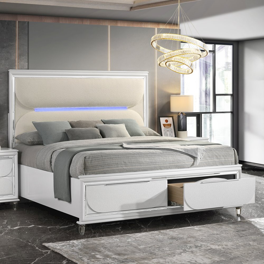 Tarian Queen Bed w/Storage & LED White Boucle & Pearl White. Picture 1