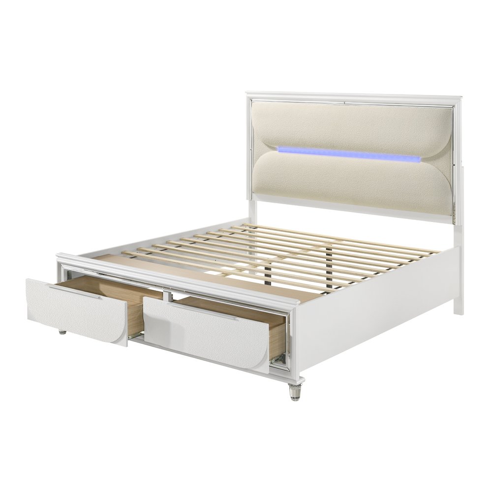 Tarian Queen Bed w/Storage & LED White Boucle & Pearl White. Picture 2