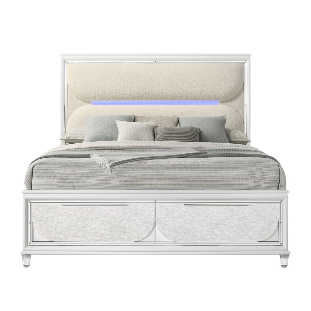 Tarian Queen Bed w/Storage & LED White Boucle & Pearl White. Picture 3