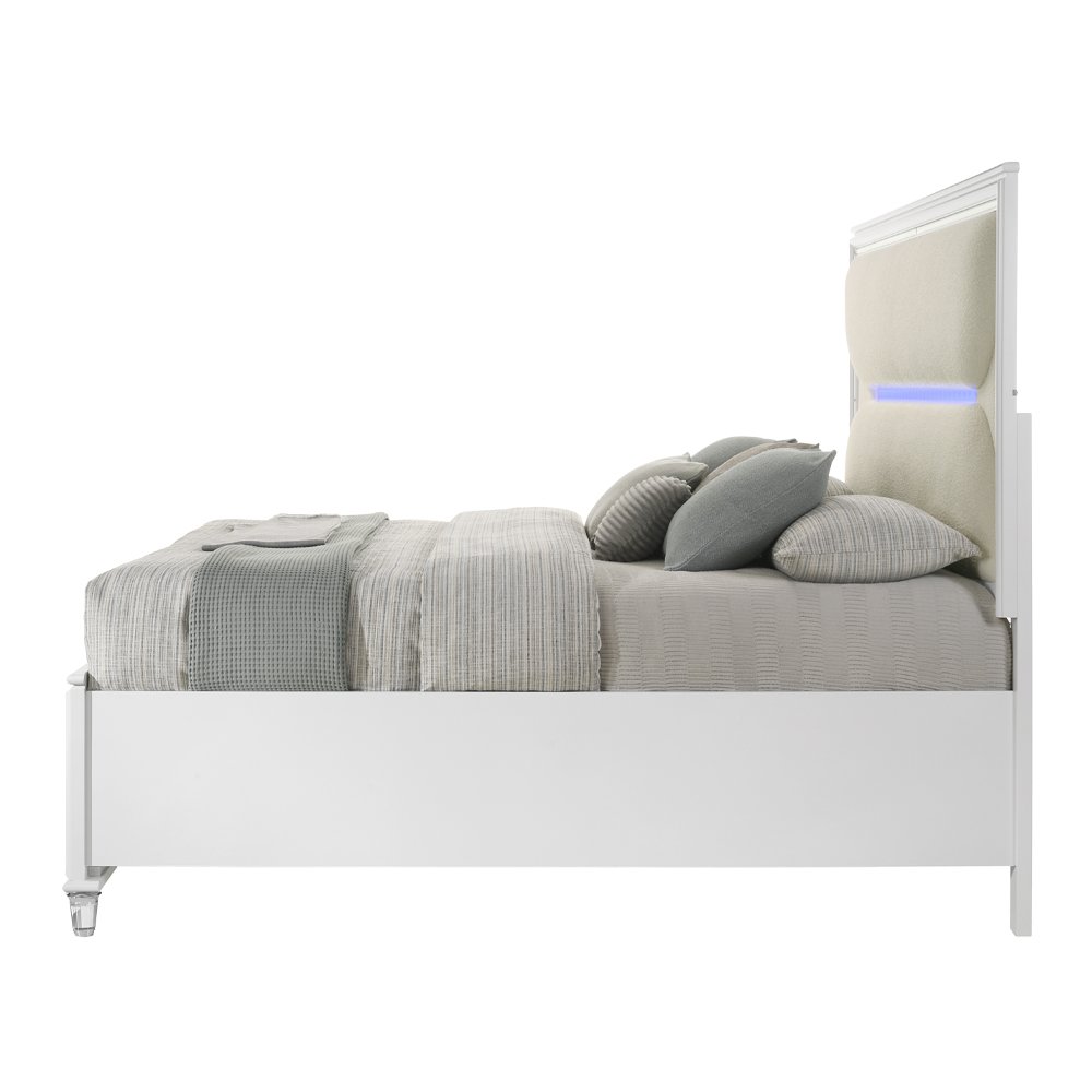 Tarian Queen Bed w/Storage & LED White Boucle & Pearl White. Picture 4