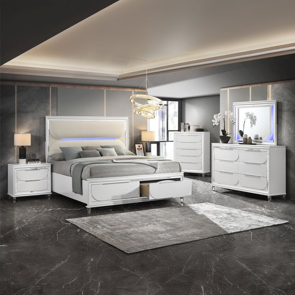 Tarian Queen Bed w/Storage & LED White Boucle & Pearl White. Picture 8