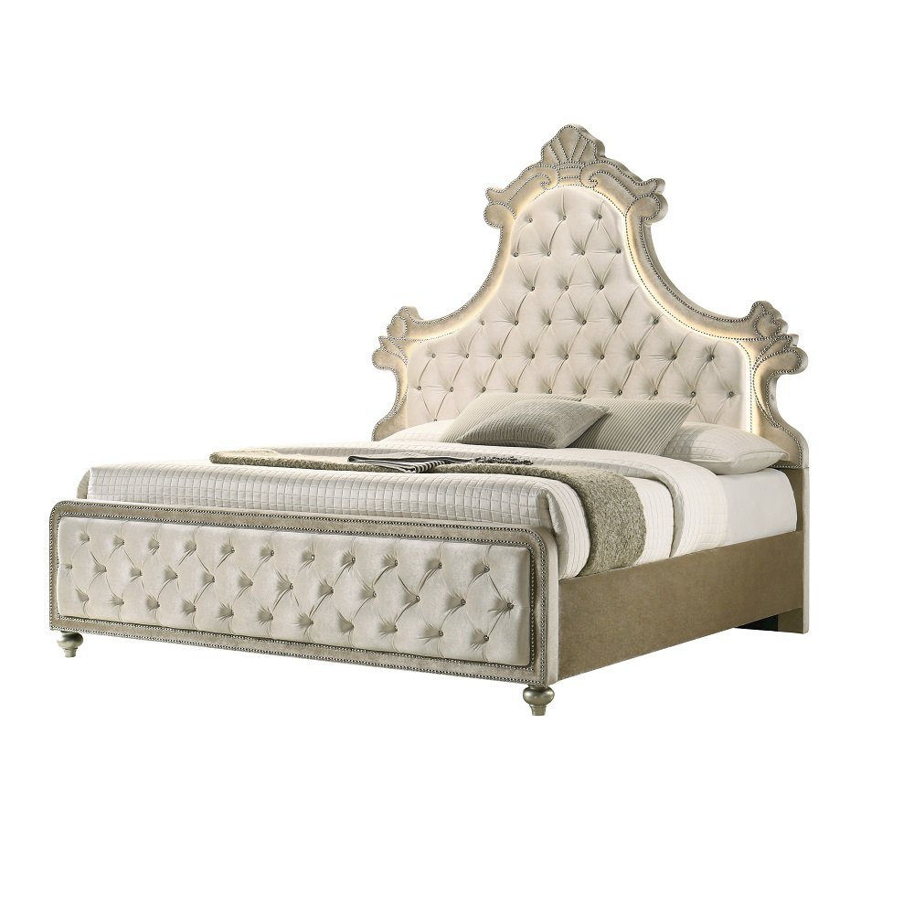 Lucienne Eastern King Bed w/LED Beige Velvet. Picture 1