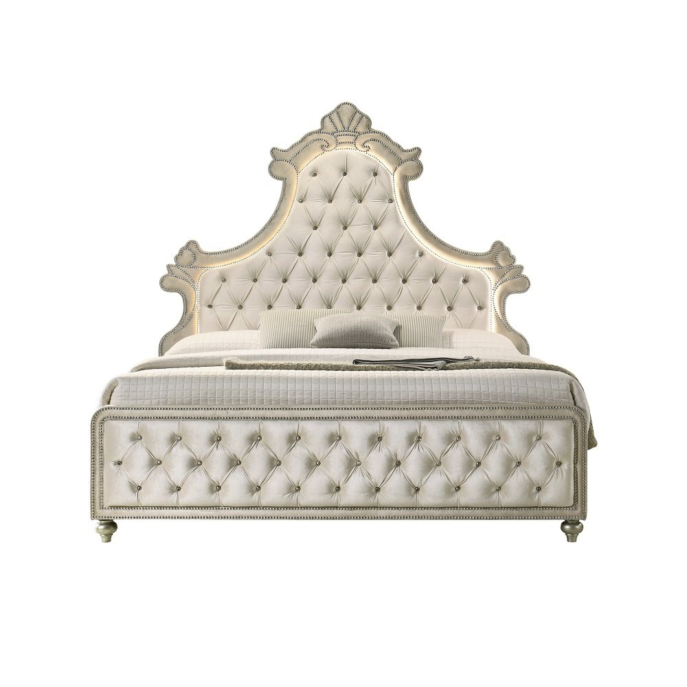Lucienne Eastern King Bed w/LED Beige Velvet. Picture 2