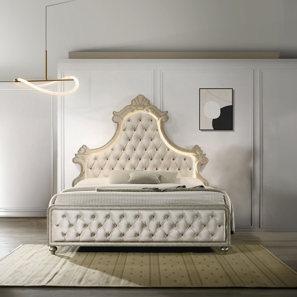 Lucienne Eastern King Bed w/LED Beige Velvet. Picture 3