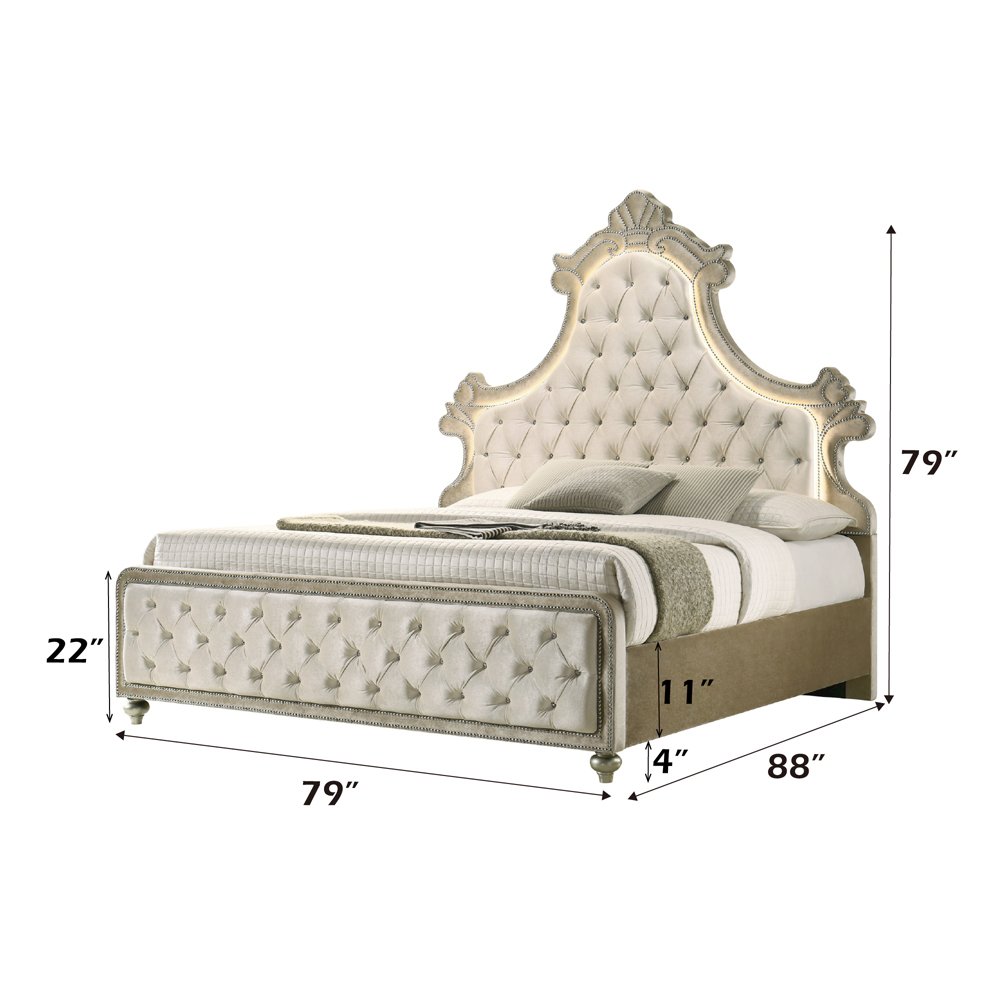 Lucienne Eastern King Bed w/LED Beige Velvet. Picture 5