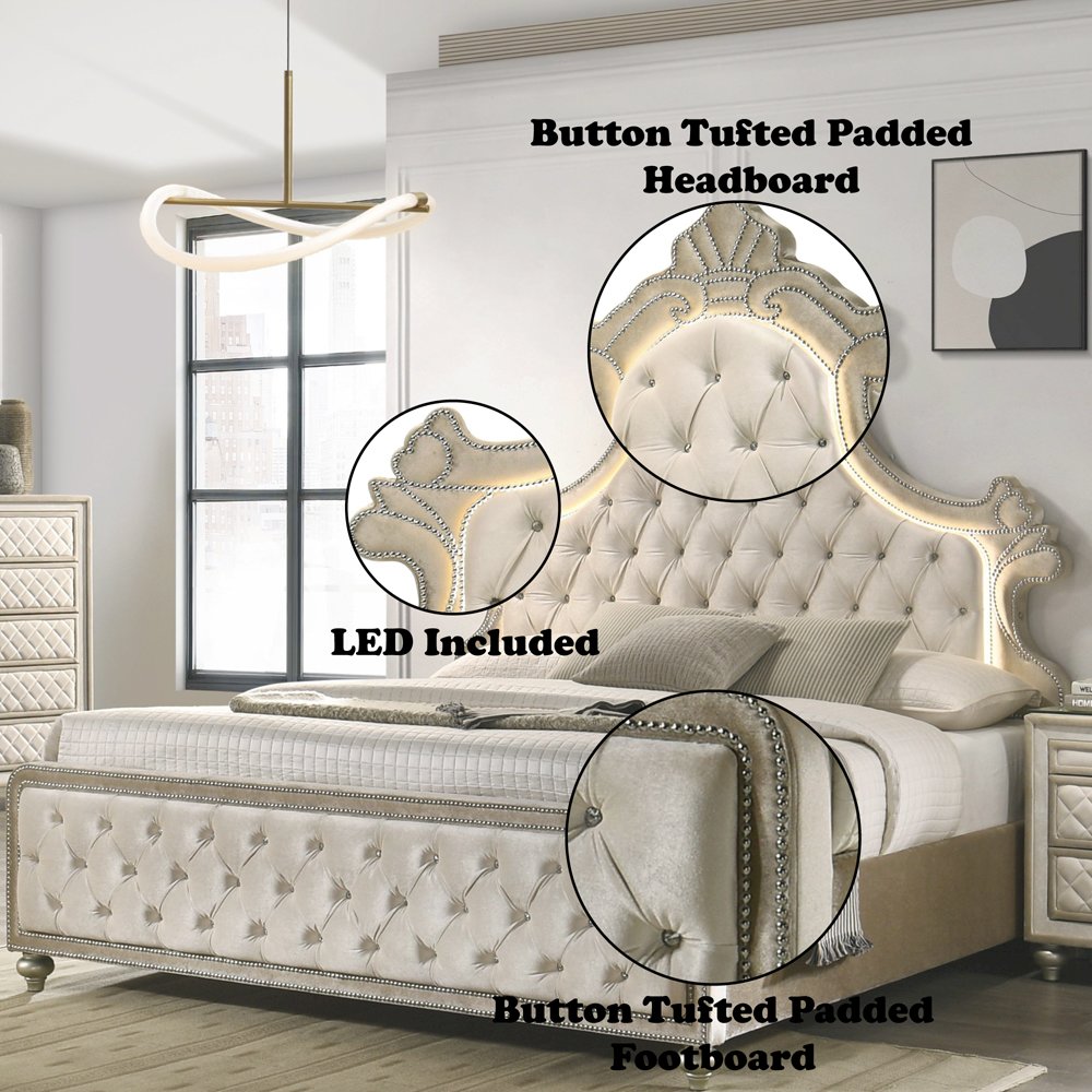 Lucienne Eastern King Bed w/LED Beige Velvet. Picture 6