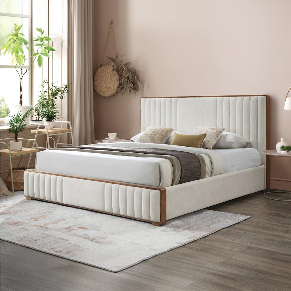 Kaleea Queen Bed Beige Chenille & Walnut. Picture 5