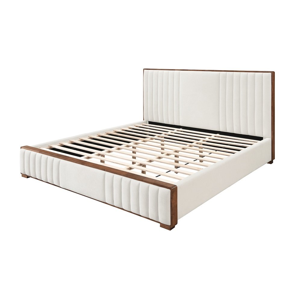 Kaleea Queen Bed Beige Chenille & Walnut. Picture 1